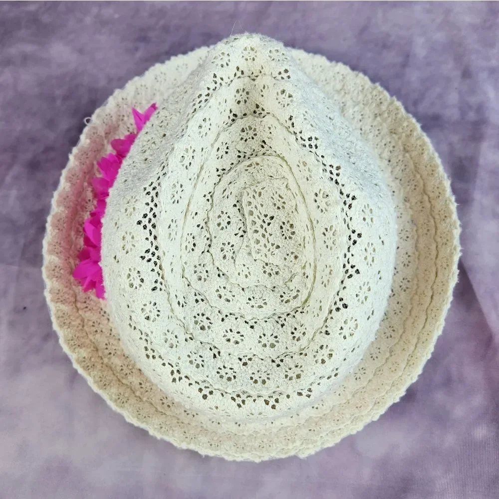 🩵Justice Cream & Hot Pink Flowers Fedora Girl's Hat One Size